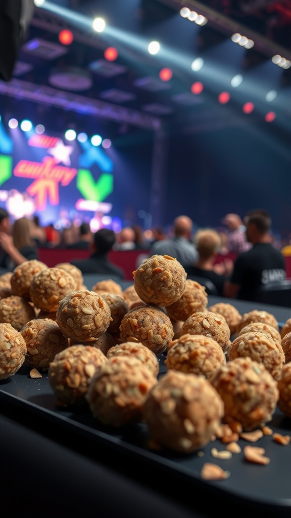 A close-up of nut butter energy balls on a tray at a concert venue.