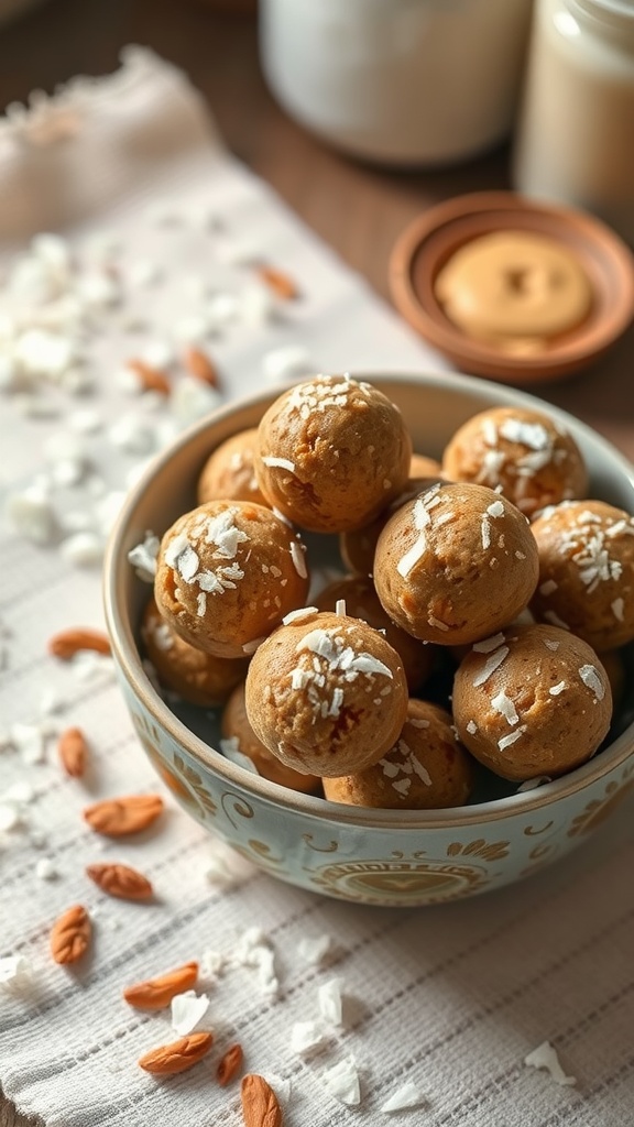 A bowl filled with nut butter energy balls topped with coconut flakes, surrounded by nuts on a textured surface.