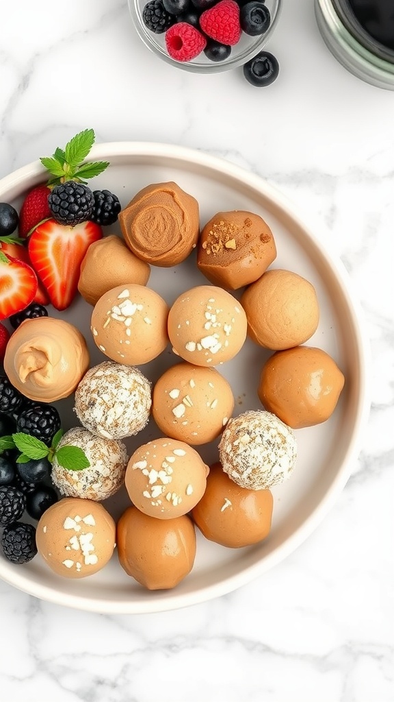 A plate of assorted nut butter fat bombs with strawberries, blackberries, and blueberries.