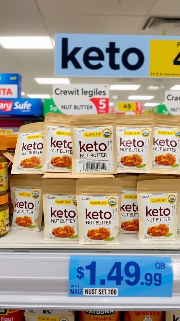 Nut butter packets displayed on a store shelf labeled with a keto sign.