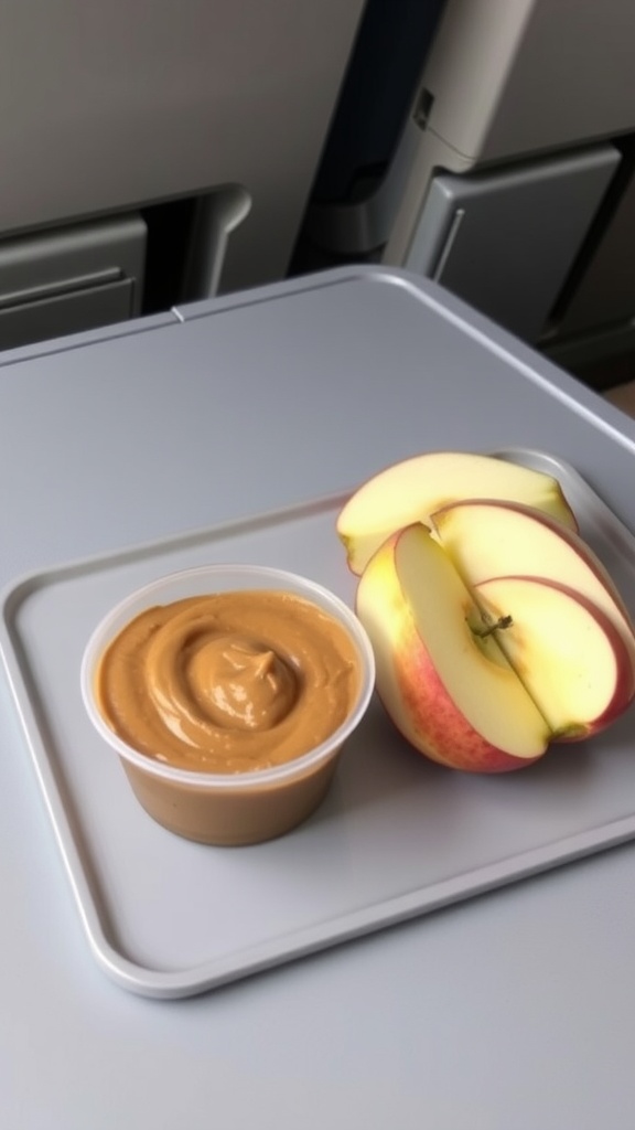 Nut butter packet next to sliced apples on a tray