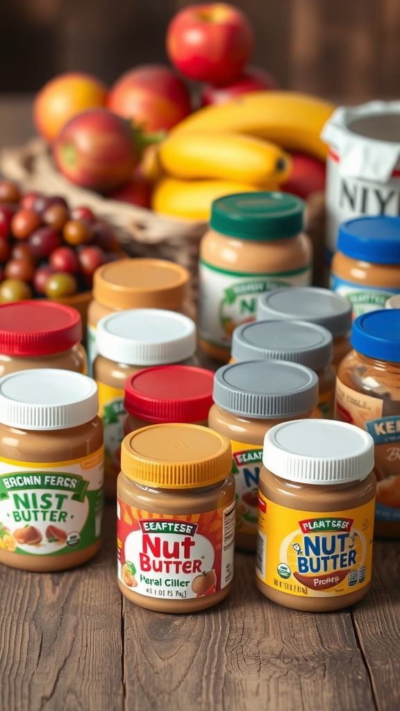 Various nut butter jars displayed with fresh fruits in the background