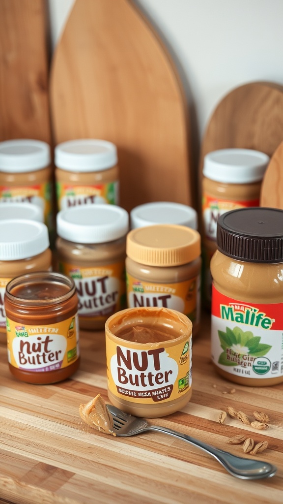 Various jars of nut butter on a wooden surface