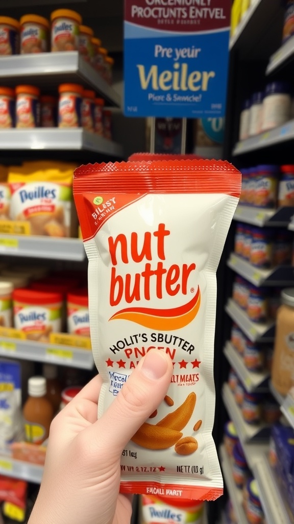 Nut butter packs displayed on a convenience store shelf