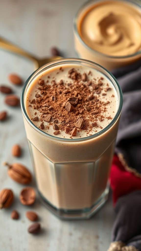 A glass of nut butter smoothie with a straw, surrounded by ingredients.