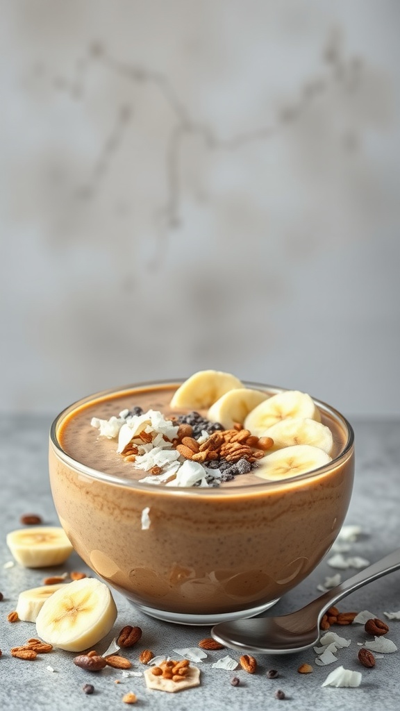 A delicious nut butter smoothie bowl topped with banana slices, nuts, and coconut flakes.