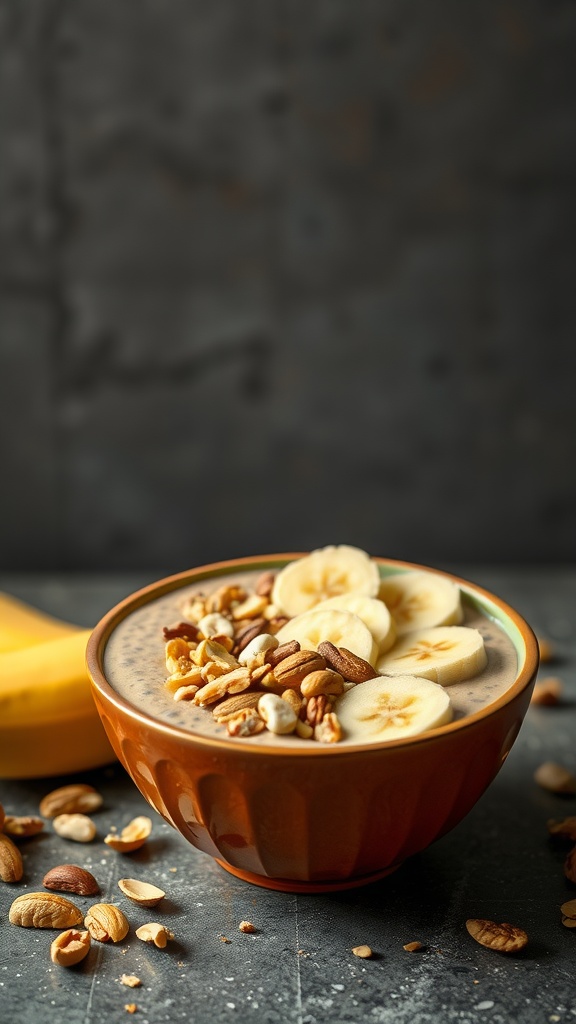 A delicious nut butter smoothie bowl topped with bananas and mixed nuts