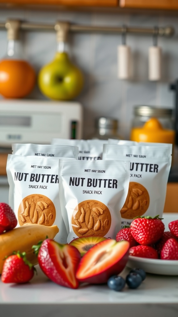 Nut butter snack packs displayed on a kitchen counter with fruits.