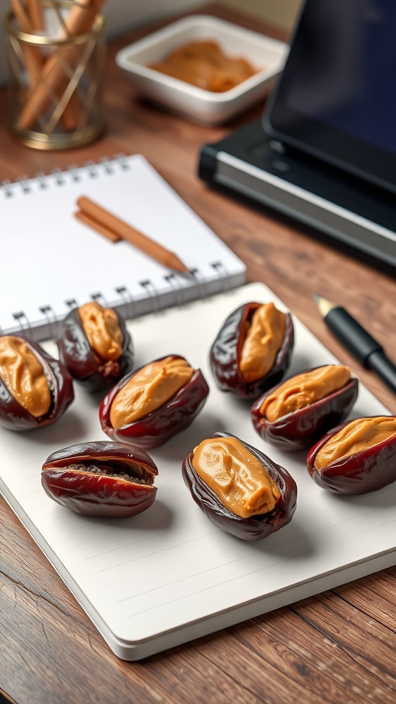 A close-up of nut butter stuffed dates on a notepad with a pen and a bowl of nut butter in the background.