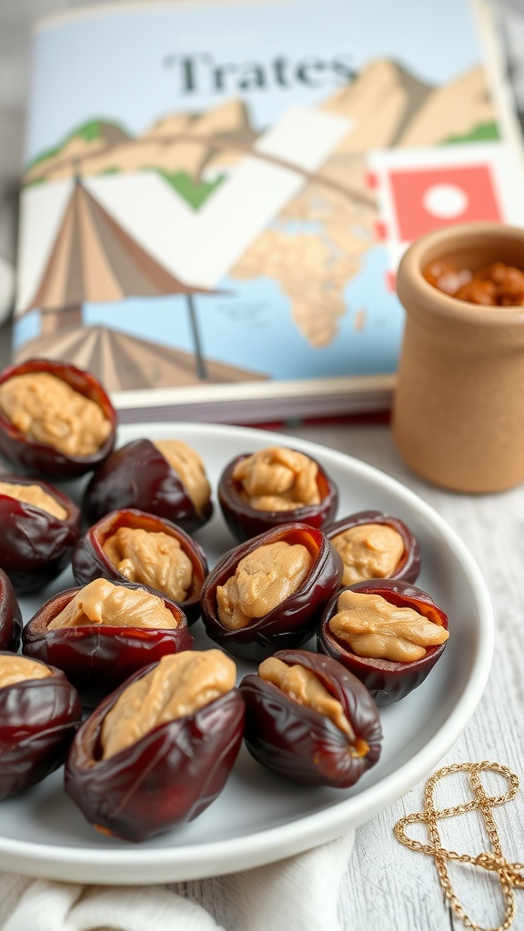 A plate of nut butter stuffed dates, with a background featuring a travel-themed book and a small bowl of nuts.