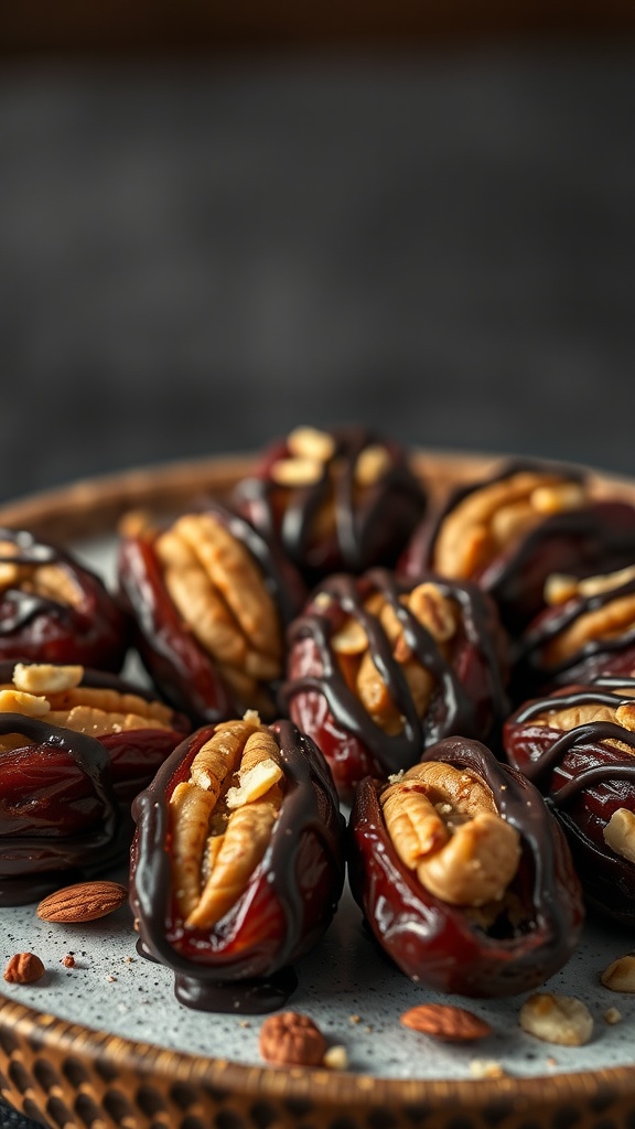 A close-up of nut butter stuffed Medjool dates arranged on a plate.