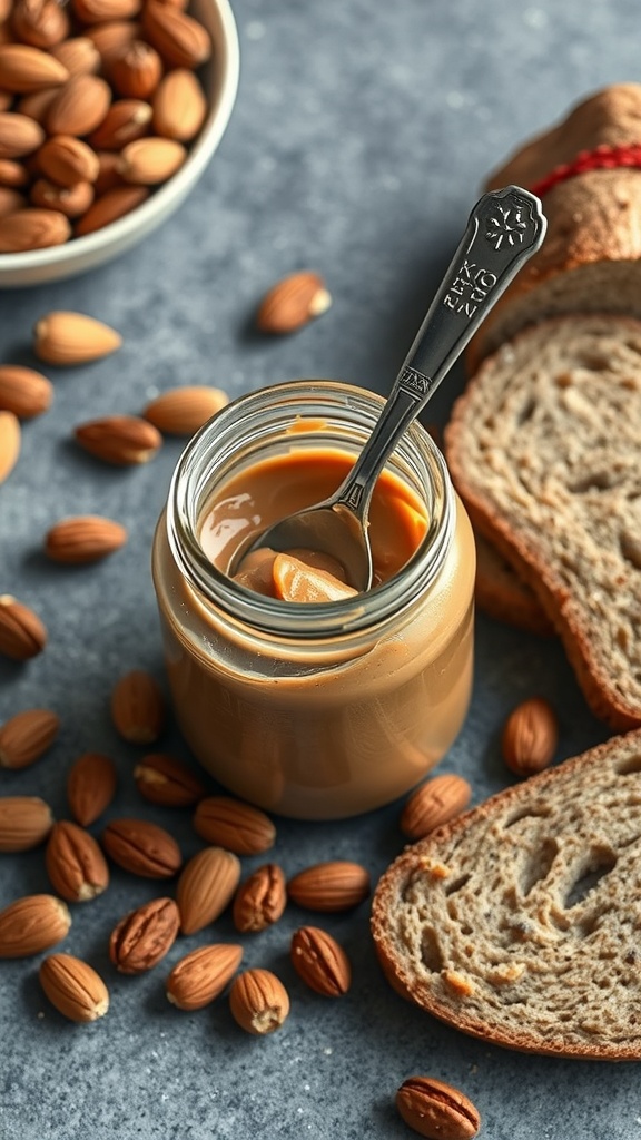 A jar of nut butter with a spoon, surrounded by almonds and slices of bread.