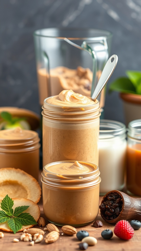 A variety of nut butters and a blender with a smoothie.