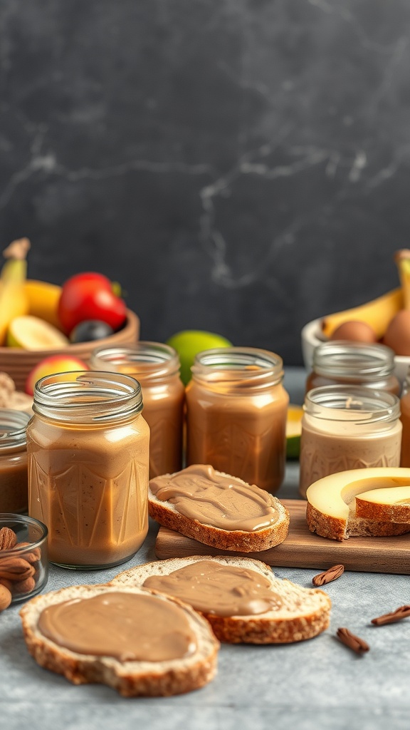 Various jars of nut butters with slices of bread spread with nut butter and fruits in the background.