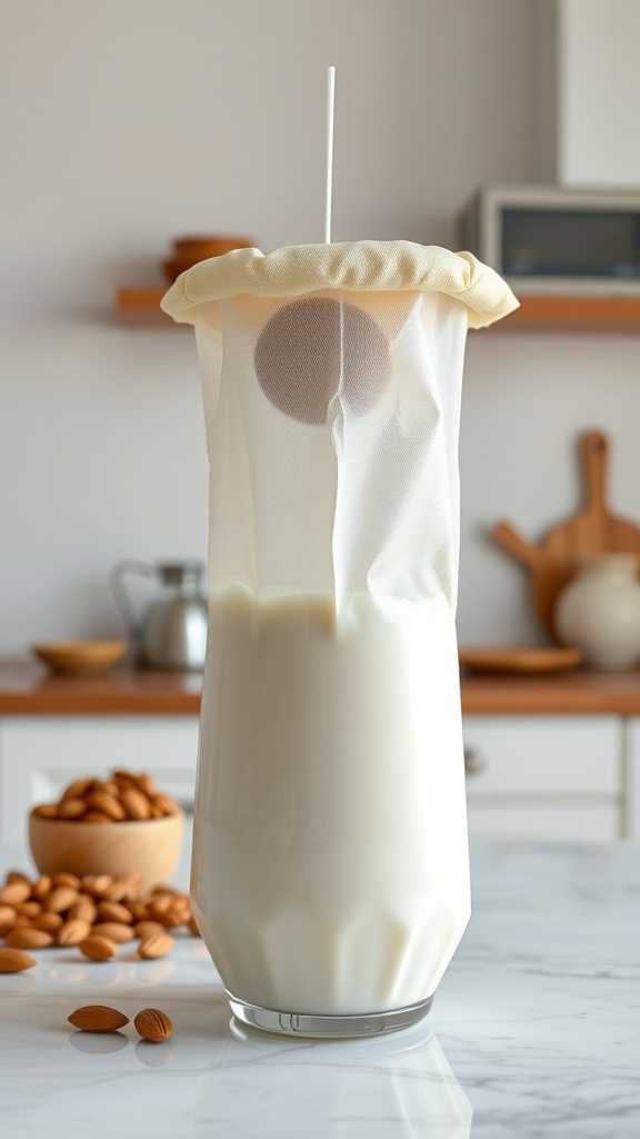 Nut milk bag with almond milk and almonds in a kitchen setting