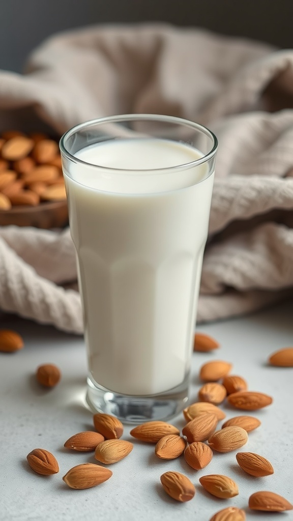 A glass of almond milk surrounded by almonds on a light surface.