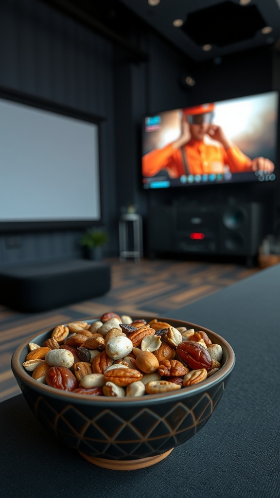 A bowl of mixed nuts and seeds on a table, with a modern entertainment setup in the background.