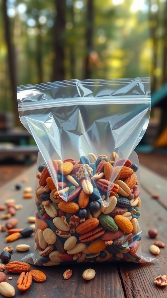 A jar filled with a colorful mix of various nuts and seeds.