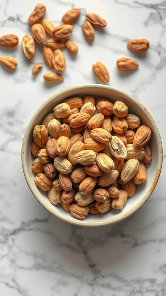 A bowl filled with various nuts on a marble surface