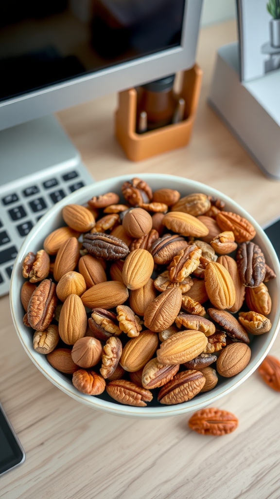 A bowl filled with a variety of nuts including almonds, pecans, and walnuts on a desk.