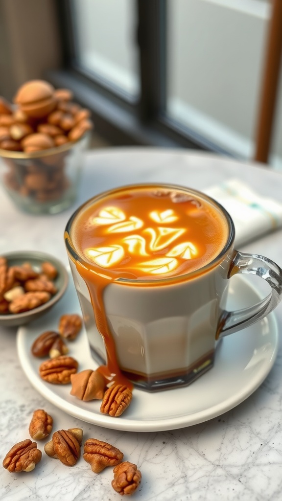 A cup of Nutty Caramel Keto Coffee with caramel drizzle and nuts on the side.