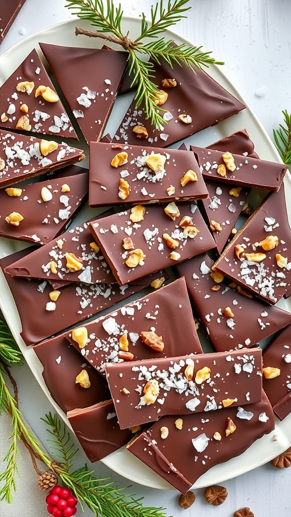 Delicious nutty chocolate bark with sea salt on a plate, garnished with pine branches and red berries.