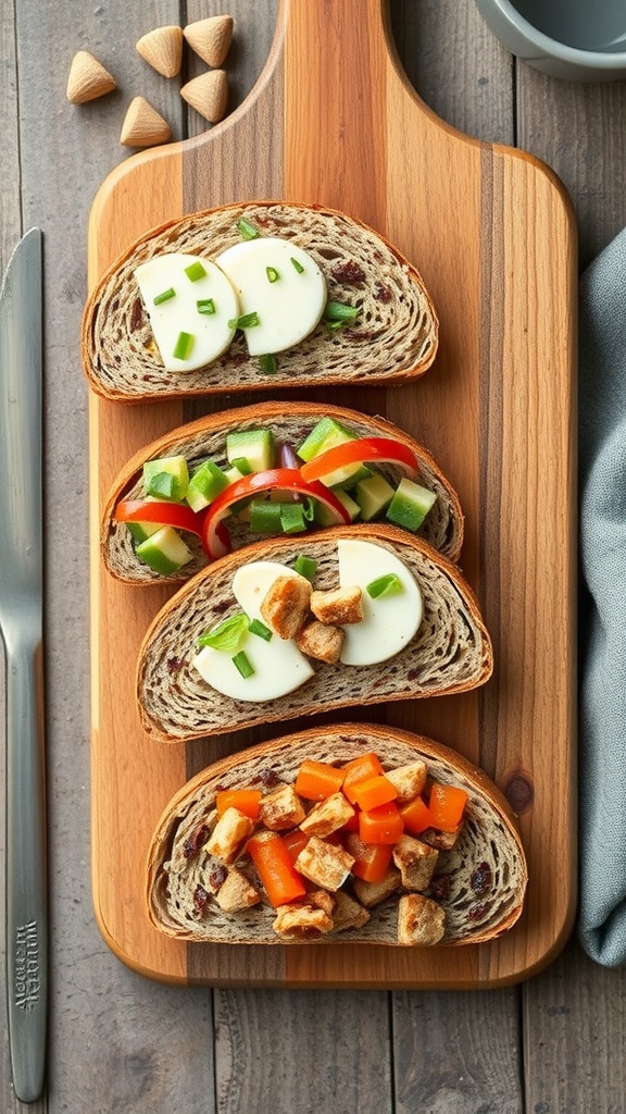 Sliced nutty grain-free bread on a wooden board, topped with vegetables and cheese.