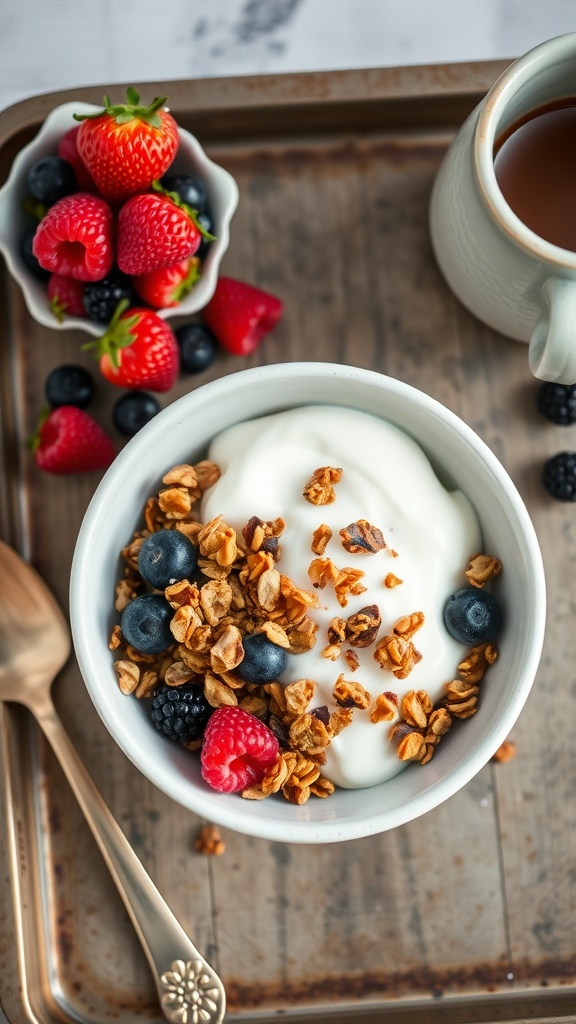 A bowl of nutty granola topped with Greek yogurt and fresh berries, sitting on a tray.