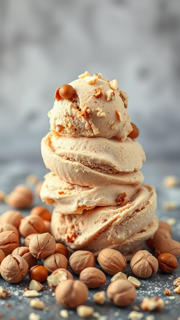 A scoop of creamy hazelnut ice cream topped with crushed hazelnuts.