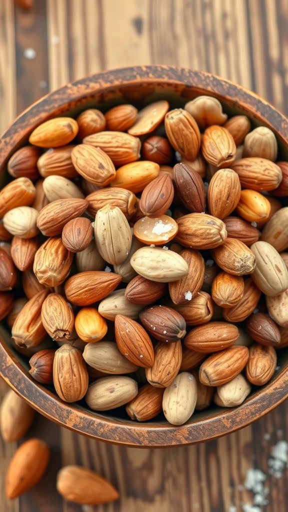 A bowl filled with a variety of nuts including almonds, hazelnuts, and cashews.