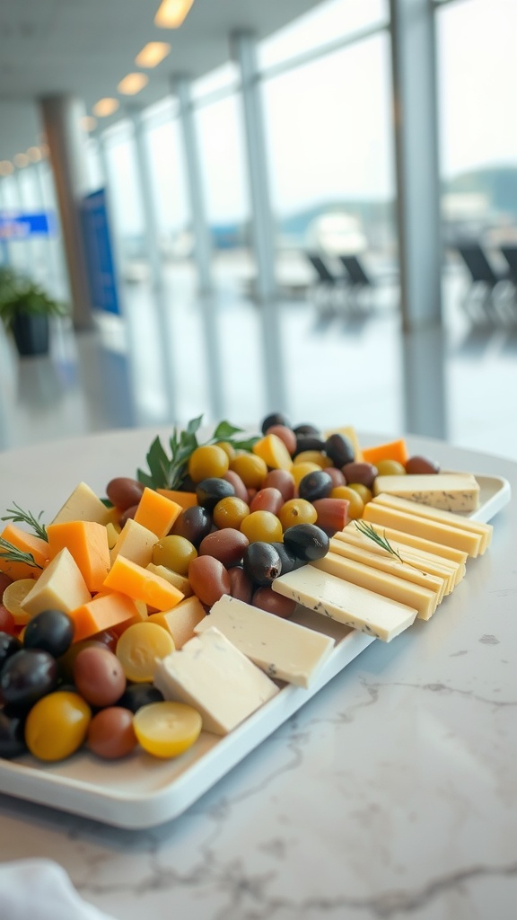 A colorful platter with various cheeses and olives, set in a modern airport lounge.