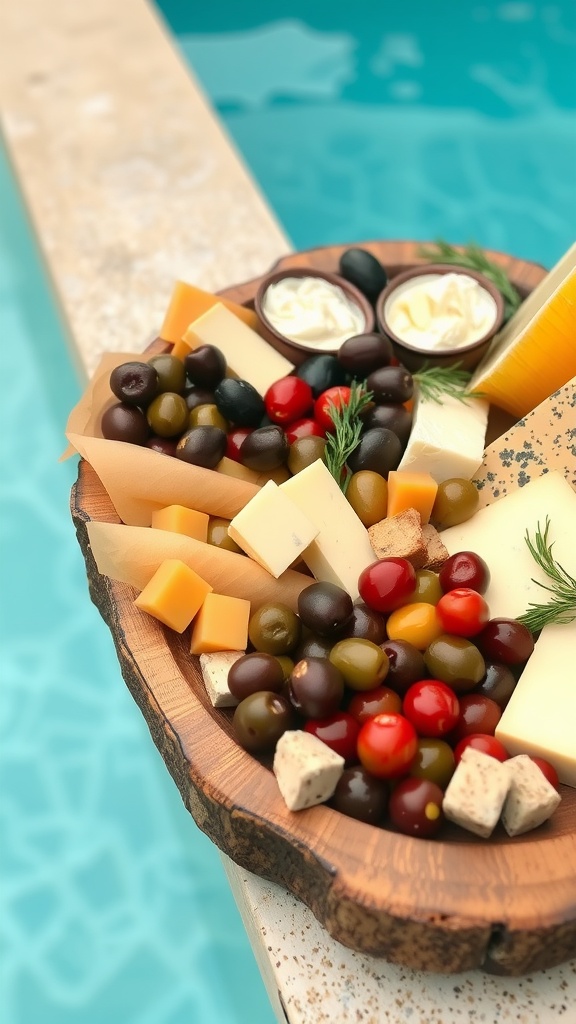 A wooden platter filled with various cheeses, olives, and dips, placed beside a pool.