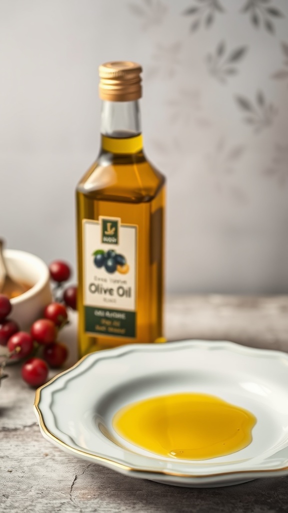 A bottle of olive oil next to a plate with olive oil poured on it, surrounded by small red fruits.