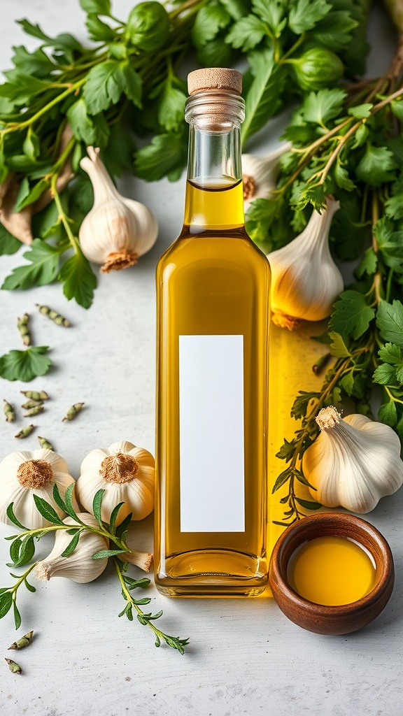 A bottle of olive oil with garlic, herbs, and vegetables on a wooden surface.