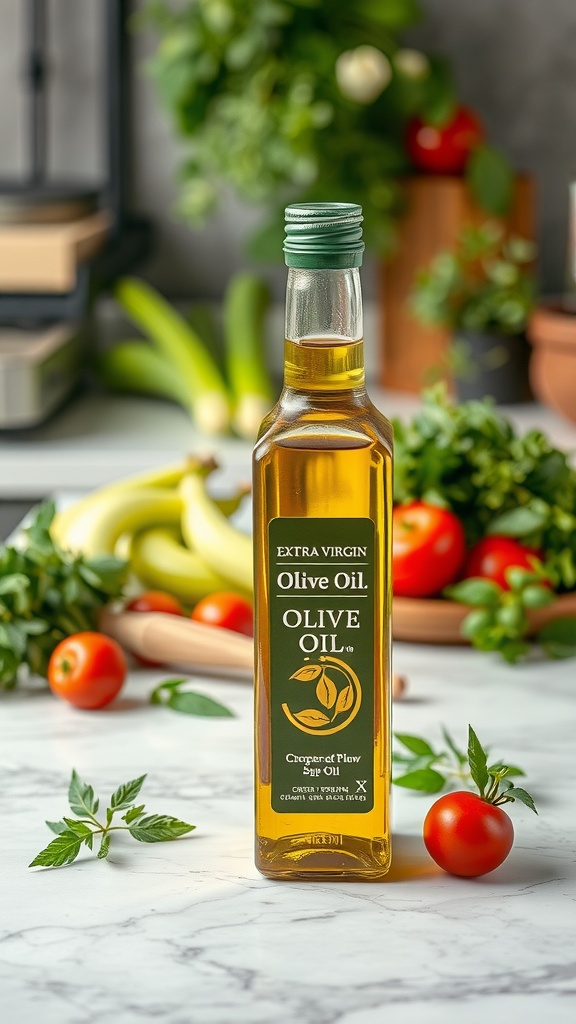 Bottle of extra virgin olive oil surrounded by fresh vegetables