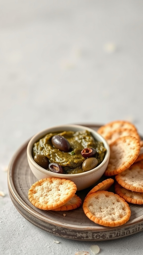 A bowl of olive tapenade surrounded by almond flour crackers on a wooden plate.