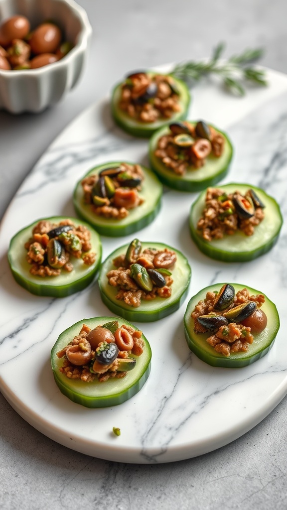 Cucumber slices topped with olive tapenade and an olive on top