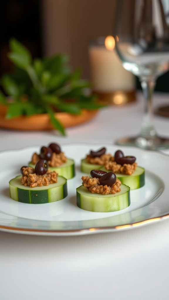 Cucumber slices topped with olive tapenade and black olives on a white plate.