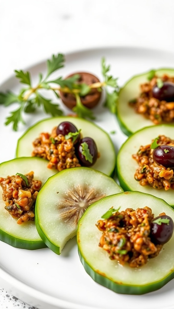 Cucumber slices topped with olive tapenade and garnished with herbs.