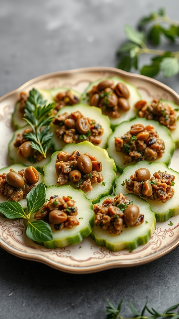 A plate of cucumber slices topped with olive tapenade, garnished with herbs.