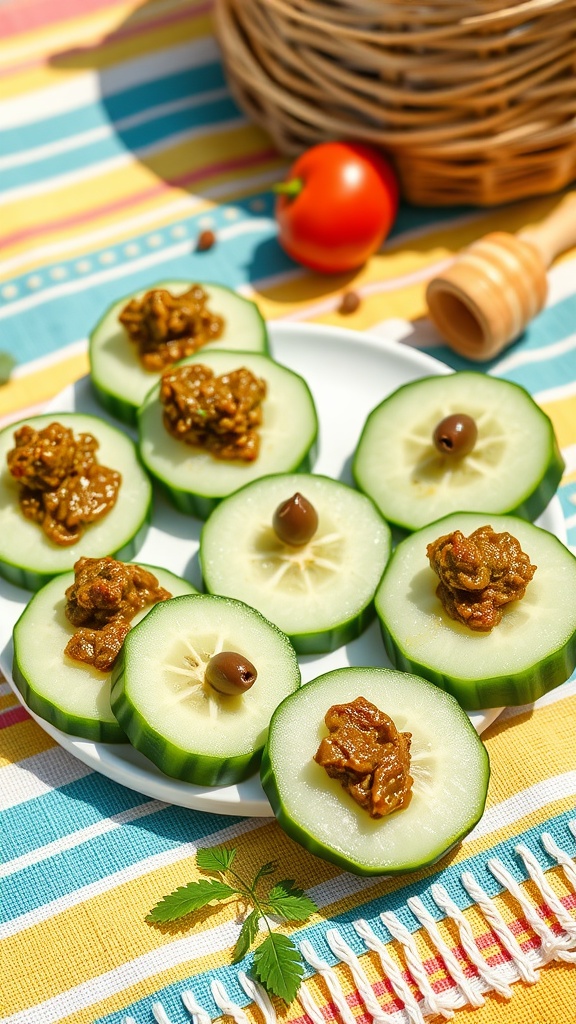 Cucumber slices topped with olive tapenade on a colorful picnic blanket.