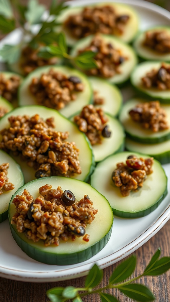 Cucumber slices topped with olive tapenade on a serving plate.