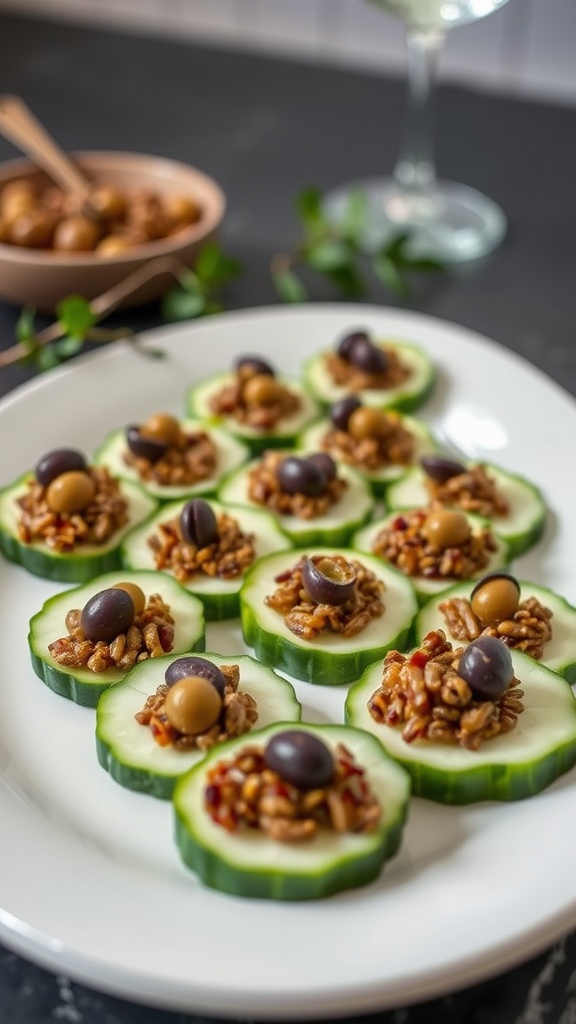 Cucumber slices topped with olive tapenade and nuts, served on a plate.