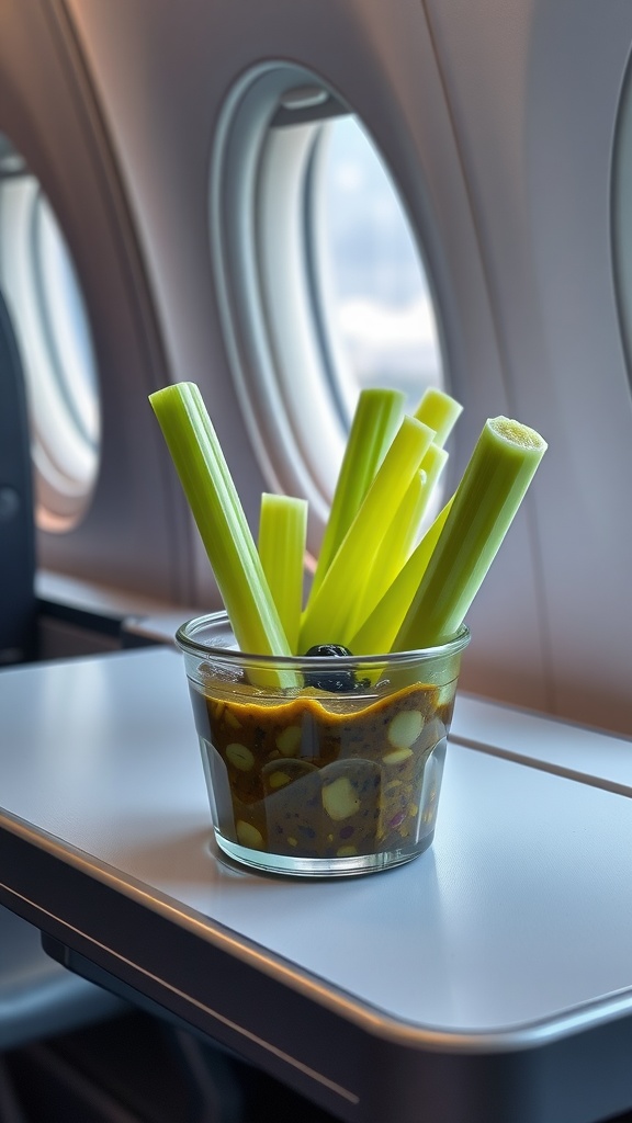 A glass container filled with olive tapenade surrounded by celery sticks, placed on an airplane tray table.