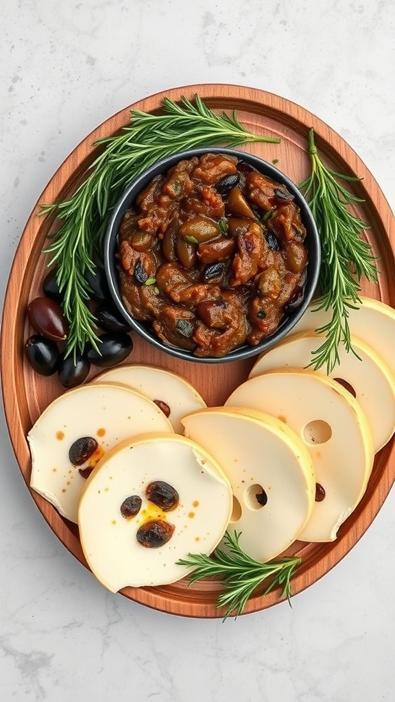 A wooden platter with olive tapenade in a bowl, slices of cheese, olives, and rosemary.