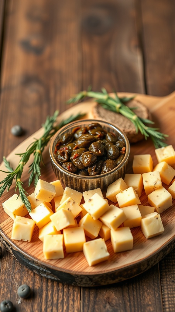 A platter with olive tapenade in a bowl and cubes of cheese on a wooden board.