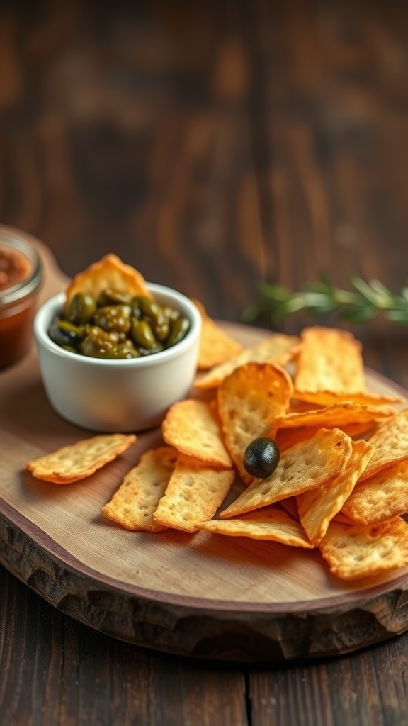 Plate of cheese crisps with a bowl of olive tapenade