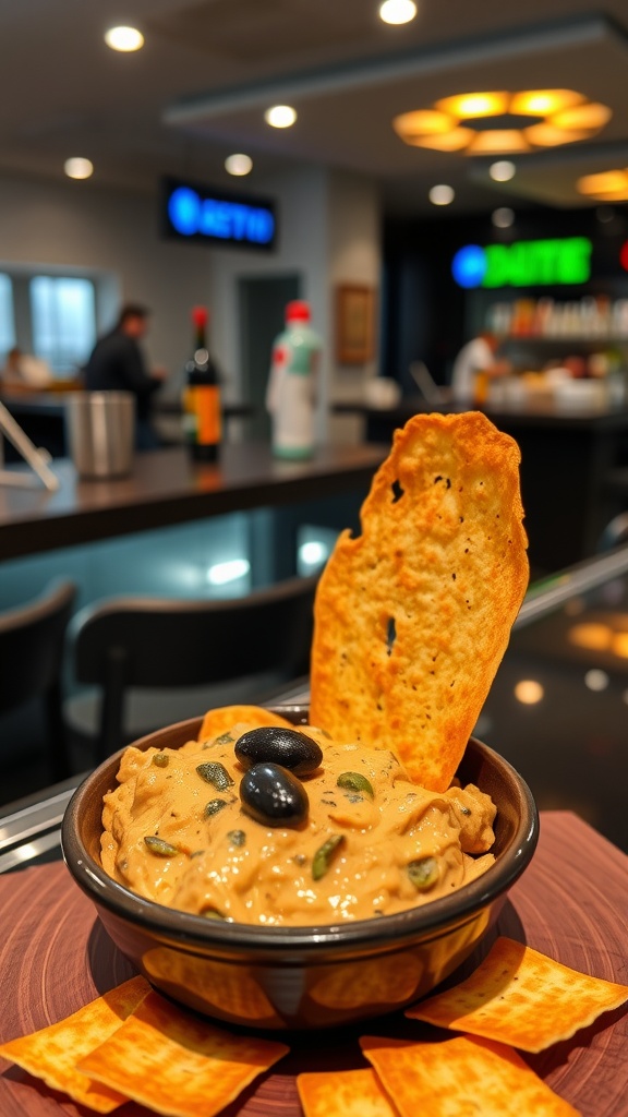 A bowl of olive tapenade with cheese crisps on the side.