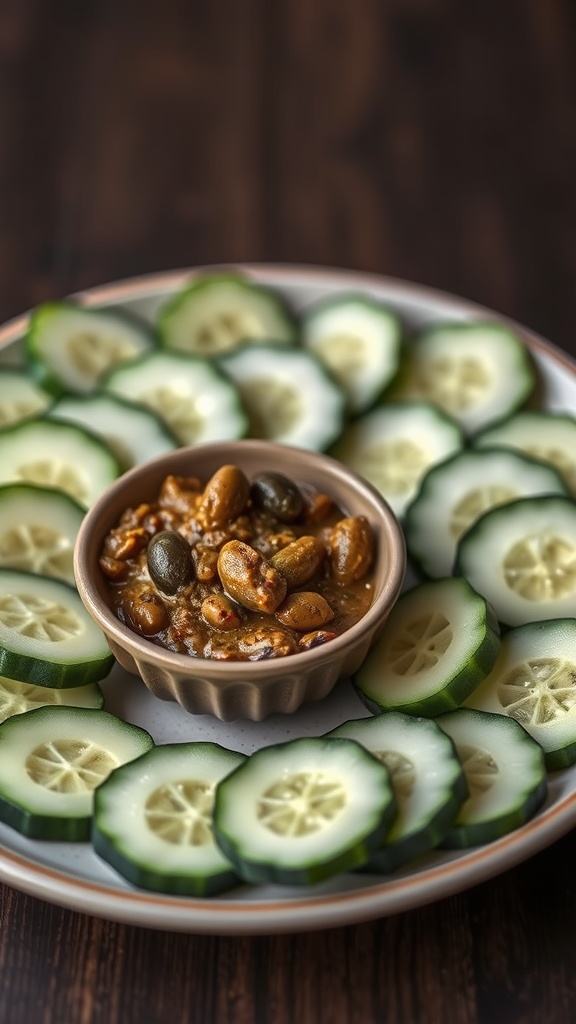 A plate with cucumber slices arranged around a bowl of olive tapenade.