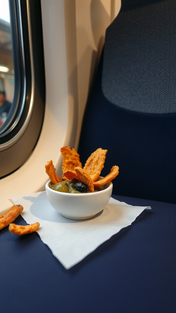 A bowl of olive tapenade next to crispy pork rinds on a train seat.